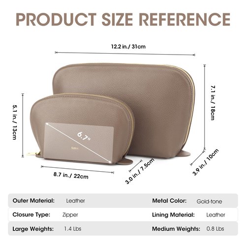 Kattee Leather Makeup Bag, Travel Cosmetic Bag Set, Toiletry Bag Organizer for Women, 1-PACK, Medium, Khaki