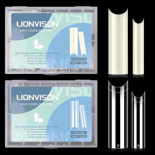 480PCS Extra Long NO C Curve Nail Tips XL, 2 Packs Natural and Clear Nail Tips for Acrylic Nails Professional Set, 12 Sizes Straight Tapered Square Press on False Nail Tips for Nail Art Salon Home DIY