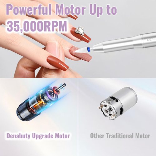 Denabuty Electric Nail Drill Cordless, 35000RPM Portable Electric Nail File with LCD Display and 12 Nail Drill Bits for Acrylic & Gel Nails, Professional Manicure & Pedicure Kit Set Silver