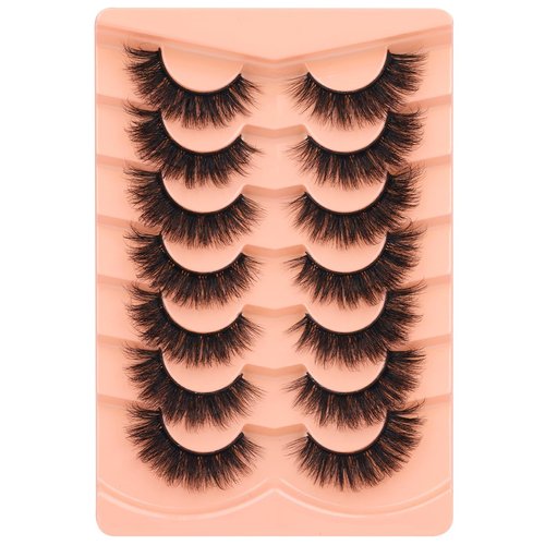 Kiromiro Mink Lashes False Eyelashes 18mm 3D Volume Cat Eye Lashes Faux Mink Eyelash Wispy Fake Eyelashes Thick Strips Lash Pack, 7 Pairs