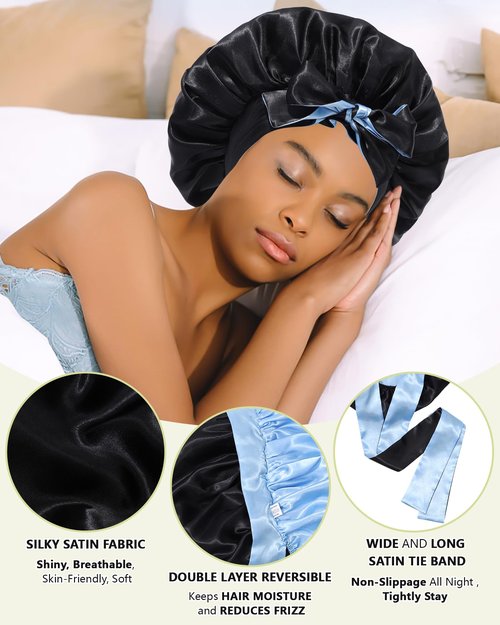 Satin Hair Bonnets for Women Curly Hair Wrap Reversible Bonnet with Tie Band Night Cap Double Layer Sleep Cap in Black + Blue