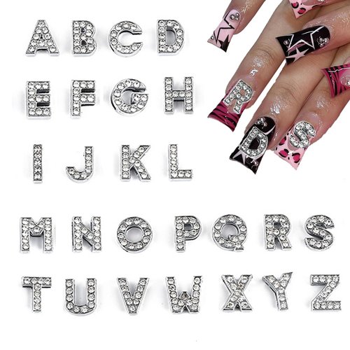 Letter Nail Charms Silver Alloy 52 Pcs, 3D Glitter Letter Charms for Nails Crystals English Alphabet Diamonds Metal Gems Nail Rhinestones Shiny Nails Art Jewels Supplies for DIY Manicure Accessories