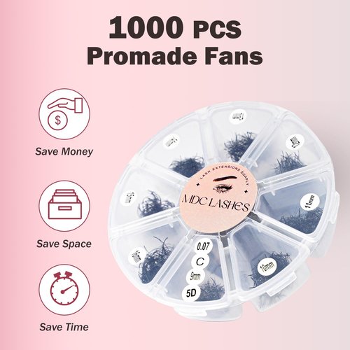 MDC LASHES Eyelash Fans Mix Length - Volume Lash Extensions 8D-16D, C D Curl, 0.05-0.07 Short Stem Premade Loose Fans, 9-16mm Length, Easy Application