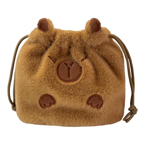 CECKQUE Cute Capybara Fluffy Makeup Bag With Drawstring and Shoulder Straps, Small Plush Animal Cosmetic Pouch Bag Gifts for Women (Brown)