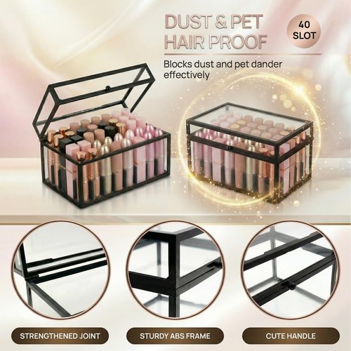 Krdrgey 40 Lipsticks Organizer with Lid, Glass Display Box Fits Large Perfume & Skincare, Easy-Access Organiser for Vanity Countertop, Multifunctional Display Box in Any Rooms (black, 40 slot)