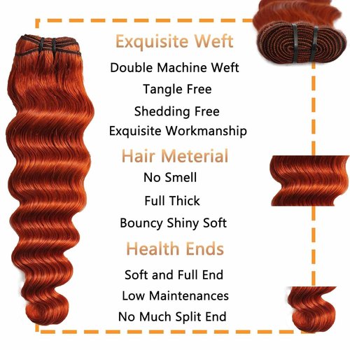 Loose Deep Wave Bundle Human Hair 16 Inch 350 Ginger Orange Color 10A Brazilian Human Hair Bundle Quick Weave Hair Extensions for Women