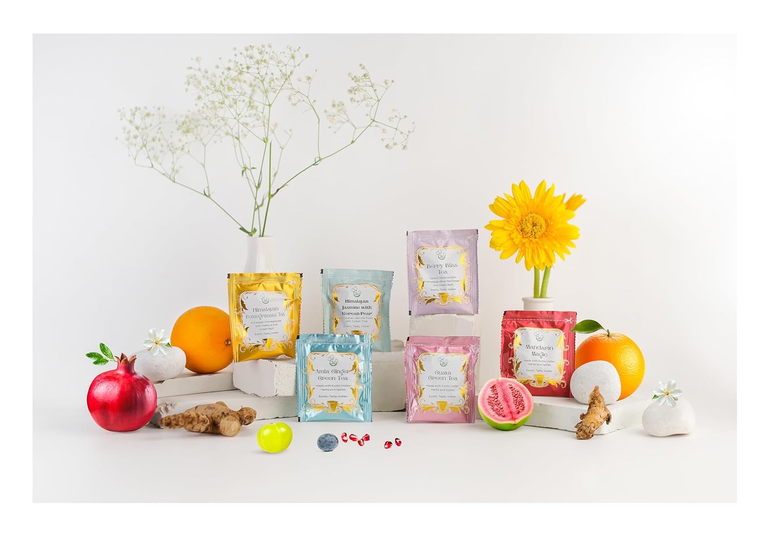 Vedas Garden Of Fruits Herbal Tea Gift Set - Premium Eco-Friendly Selection | 24 Hand-Stitched Teabags | 6 Flavors
