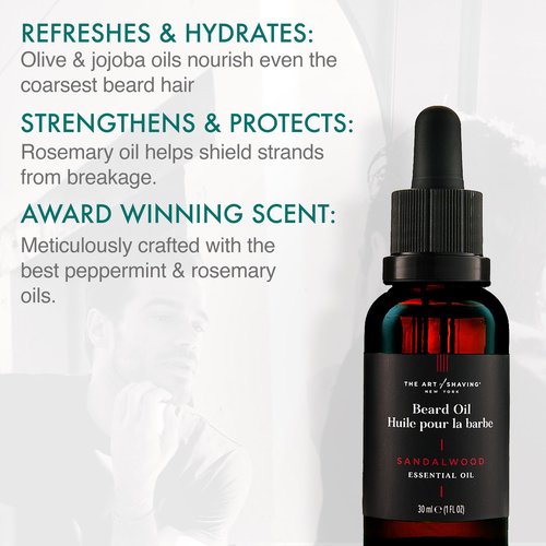 The Art of Shaving Beard Oil – Tames & Moisturizes Beard & Mustache Hair Leaving a Healthy Shine with a Non Greasy Finish – Award-Winning Sandalwood Scent, 1 oz