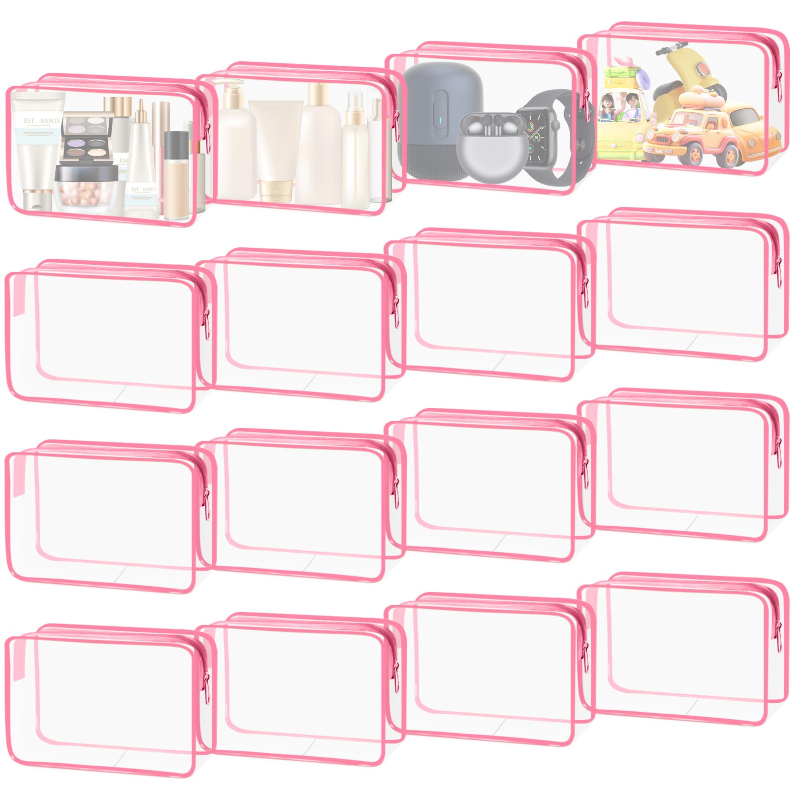 YedsIntu 16-Piece Makeup Bags, Waterproof Toiletry Bag Carry Pouch Portable Cosmetic Bag PVCTravel Clear Pouches Carry-on Travel Essentials Transparent Storage Organizer Bag (Rose Pink-M)