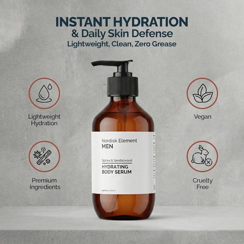 Nordisk Element Body Serum for Men - Lightweight Hydrating Serum with Hyaluronic Acid | 9.13 Fl Oz, Vegan Sandalwood Scent