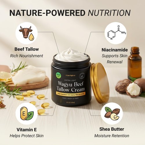 Non-Greasy Beef Tallow for Skin & Hair Growth 5OZ Shea Butter, Vitamin E, Niacinamide, Whipped Grass Fed Beef Tallow for Face Moisturizer Cream, Lotion for Women & Men, Anti-Aging Face Moisturizer