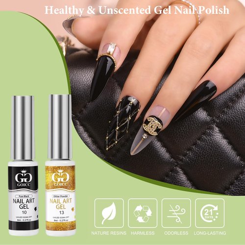 Gel Nail Art Polish Set with Thin Brush – 4 Colors White Gel Nail Polish Black Silver Glitter Liner for Nail Art Design French Tips Soak Off UV/LED 8ml