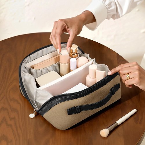 mibasies Flat Lay Travel Makeup Bag for Women, Dual-Zipper Cosmetic Bag, Large Capacity Toiletry Bag with Handle