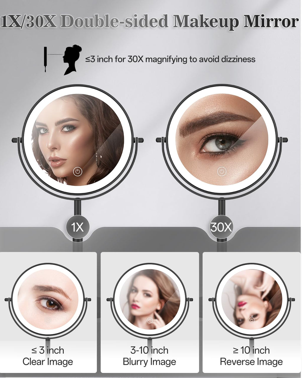 vpu Makeup Mirror with Lights, 1X/30X Lighted Magnifying Mirror Height Adjustable, 3000mAh Rechargeable Double Sided Vanity Mirrors with 3 LED Lighting and Adjustable Brightness for Desk Women Gift