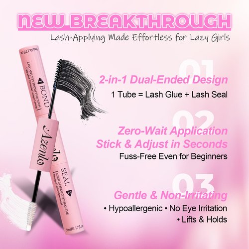 Azenlo 2-Pack Cluster Lash Bond and Seal Glue - Dual-Ended Lash Adhesive for Lash Extensions, Waterproof Latex-Free Strong Hold Lash Glue, All-Day Wear & Effortless Application for DIY Lash Clusters