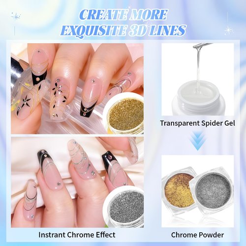 U-Shinein 3Pcs Spider Gel Set: Black & White & Transparent 3D Spider Gel Polish with Metallic Silver Gold Chrome Nail Powder for Nail Arts