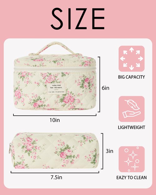 Makeup Bag, Quilted Makeup Bag, Cotton Large Travel Makeup Bags, Floral Cosmetic Bag, Travel Quilted Makeup Bags for Women, Flower Toiletry Bag