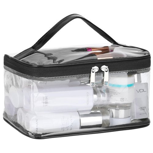 HAOGUAGUA Clear Makeup Cosmetic Bag with Brush Compartment, Portable Waterproof Travel Transparent Toiletry Bags for Traveling Storage Organizer (BLACK)