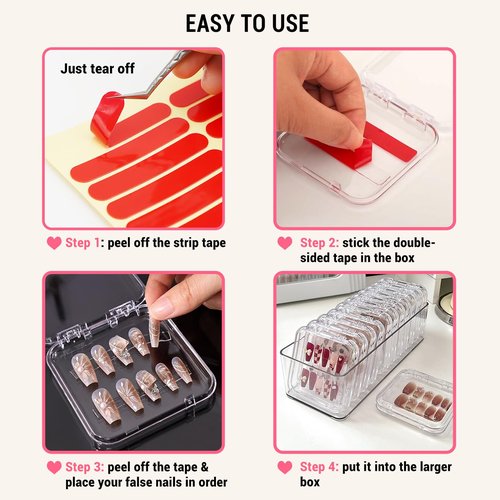 12Pcs Press on Nail Packaging Boxes, False Nail Container Organizer Clear Nail Display Case with 1 All-In-One Acrylic Storage Box and 30pcs Double-sided Adhesive Tape for Nail Art Salon Home Use