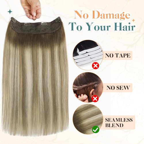 Sindra Wire Hair Extensions Real Human Hair 3/8/22 Balayage Walnut Brown to Light Brown With Blonde Invisible Wire Hair Extensions Transparent 14inch 70g Seamless Fish Line Hairpiece for Women