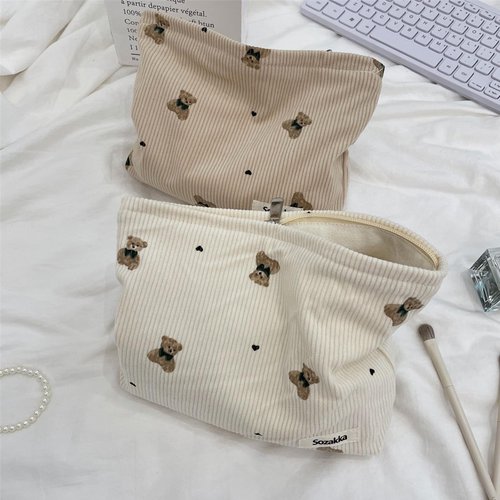 lllyan 2 Pcs Makeup Bag Travel Canvas Organizer Cosmetic Bag for Purse Toiletry Bag with Zipper For Women Travel Essentials Tool Pouch for Women and Girls（Beige khaki bear）