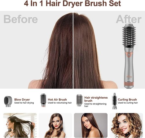 AIKO PRO 4 in 1 Blow Dryer Brush & Volumizer, Negative Ion Detachable Hair Dryer & Blow Dryer Brush for Curling, Straightening & Styling with a Heat-Resistant Glove