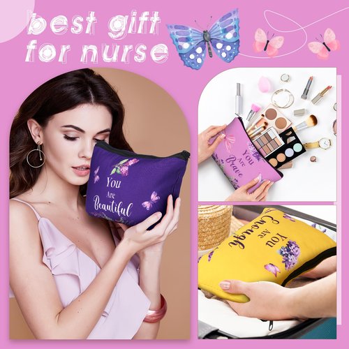 Shinylin 10 Pcs Inspirational Gifts Bulk for Women Mother's Day Canvas Makeup Bags with Zipper for Women ''you Are'' Inspirational Purple Butterfly Toiletry Cosmetic Pouches for Women's Party Favors
