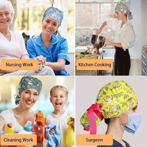 8Pcs Satin Lined Scrub Caps Women, Surgical Caps for Women, Adjustable Scrub Hats Womens Ponytail with Button and Sweatband, Nurse Cap for Unisex, Working Cap, Elastic Ponytail Pouch Tie Back