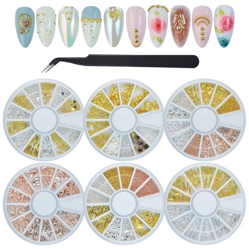 QIMYAR Nail Studs 3D Nail Charms Decals for Women,6 Box Metal Mixed Shaped Nails Art Rhinestones Jewelry Caviar Beads Decorations With Tweezers Supply Kit Gold Silver Rose Gold
