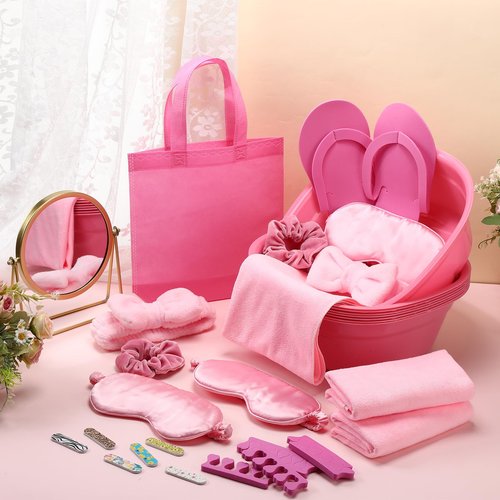 Thiccywoov 54Pcs Kids Foot Spa Party Supplies for Girl Spa Party Favors 6 Washbasin 6 Tote Bags 6 Hand Towels 6 Toe Separators 6 Hair Scrunchies 6 Hairband 6 Slipper 6 Eye Mask 6 Nail File (Pink)