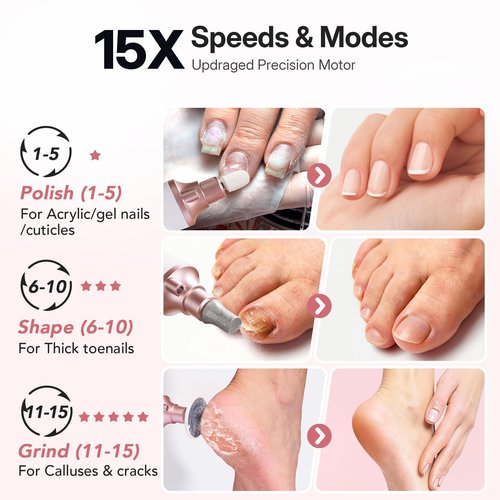 Litbear Electric Nail Drill File Set, 15 Speed Professional Nail Grinder for Thick Toenails, Cordless Pedicure Manicure Tool Callus Remover for Women Men Senior Hand Feet Care, Home Salon Use (White)