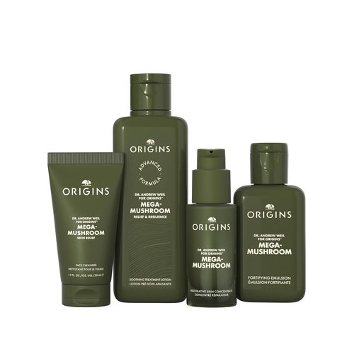 Origins 4-Piece Mega-Mushroom Skin Repair Set - Cleanser, Treatment Lotion, Concentrate & Moisturizer for Sensitive Skin with Hyaluronic Acid & Reishi Mushroom