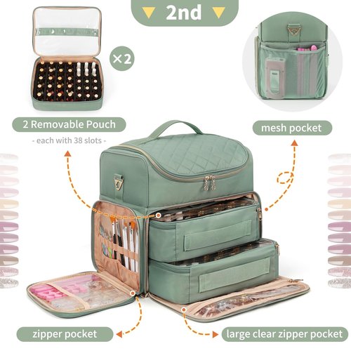 Extra Large Nail Polish Organizer Case Holds 86 to 100+ Bottles Nail Polish & Nail Lamp, Nail Supplies Storage Carrying Bag with 2 Removable Pouches, Portable Nail Tech Travel Box (Green, 86 Slots)