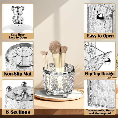 HMIEPRS Makeup Brush Holder Organizer with Lid, 360°Rotating Dustproof Makeup Brushes Organizer, 4 Compartment Make Up Brushes Cup for Vanity Desktop Bathroom Countertop (Transparent)