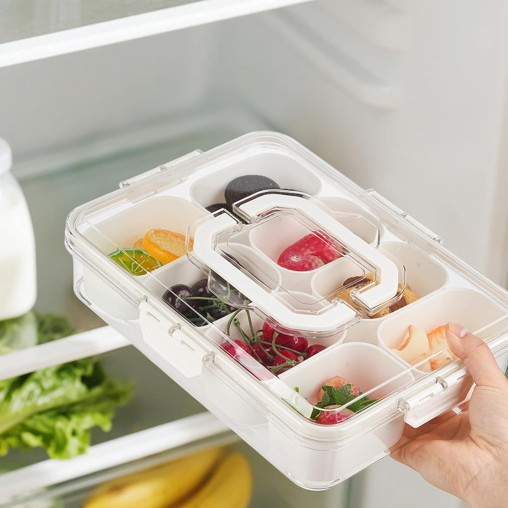 Snackle Box | 8-Compartment Portable Snack Container with Lid & Handle - Clear Serving Tray for Parties