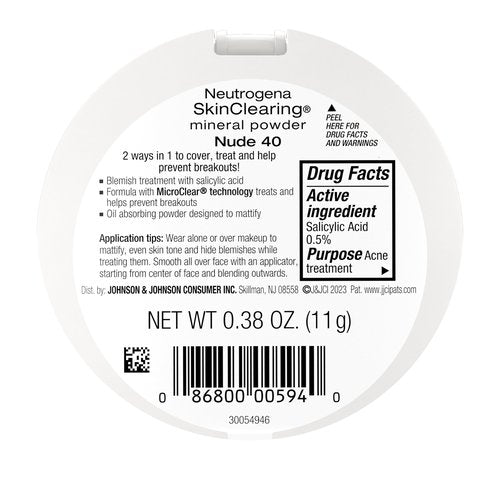 Neutrogena SkinClearing Mineral Acne-Concealing Pressed Powder Compact, Shine-Free & Oil-Absorbing Makeup with Salicylic Acid to Cover, Treat & Prevent Acne Breakouts, Nude 40, .38 oz (Pack of 2)