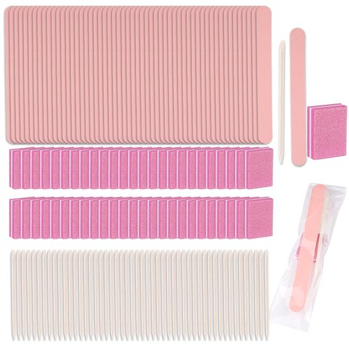 Disposable Manicure Kit - 50pc Set, Includes Mini Nail Buffer, Nail File, Wood Stick, OPP Bag, Press On Nail Tool Kit for Salon & Home (Pink)
