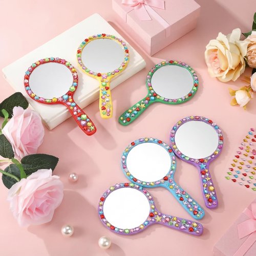 Jetec 25 Pcs Handheld Mirror with Handle, 3.94" L x 2.17" W, Small Portable Round Mirror Bulk for Kids Classroom Travel Makeup Camping Daily Gifts DIY Easter Crafts (Red, Yellow, Blue, Green, Purple)