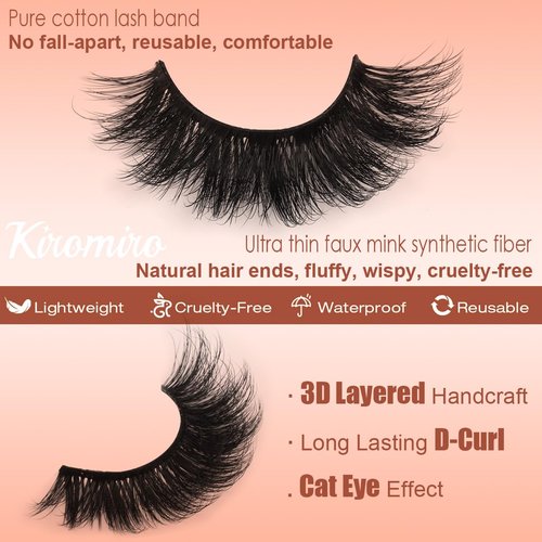 Kiromiro Mink Lashes False Eyelashes 18mm 3D Volume Cat Eye Lashes Faux Mink Eyelash Wispy Fake Eyelashes Thick Strips Lash Pack, 7 Pairs