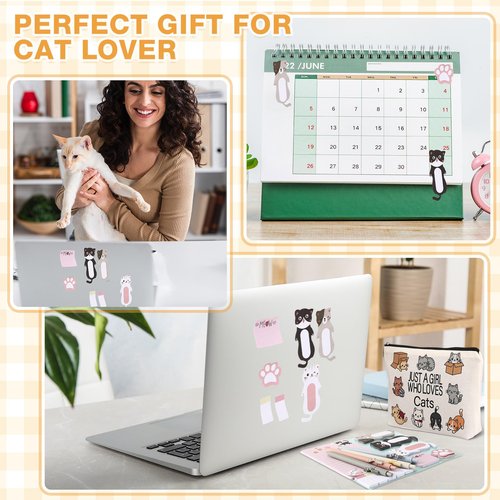 MotiMind 6 Pcs Cute Cat Stationery Set Pens Sticky Notes Makeup Bag Pencil Pouch for Girls Women Cat Lovers Christmas Gifts School Office Supplies