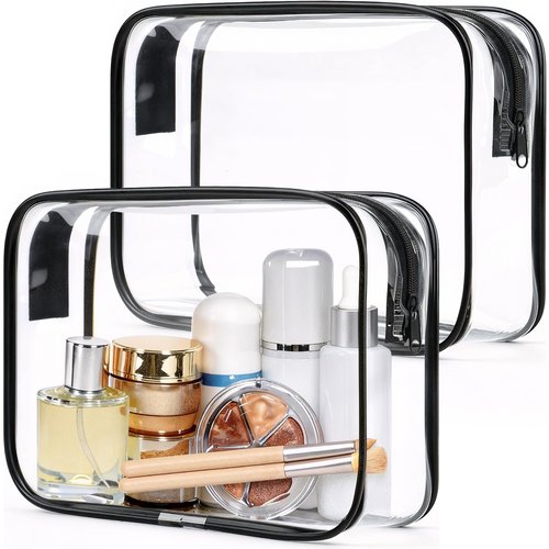 HOTOR Clear Toiletry Bag for Men & Women - TSA Approved Travel Essentials, Waterproof PVC Zippered Makeup Bag for Gym, Airplane & Daily Use, 8.8" x 6.0" x 2.2", 2 Packs