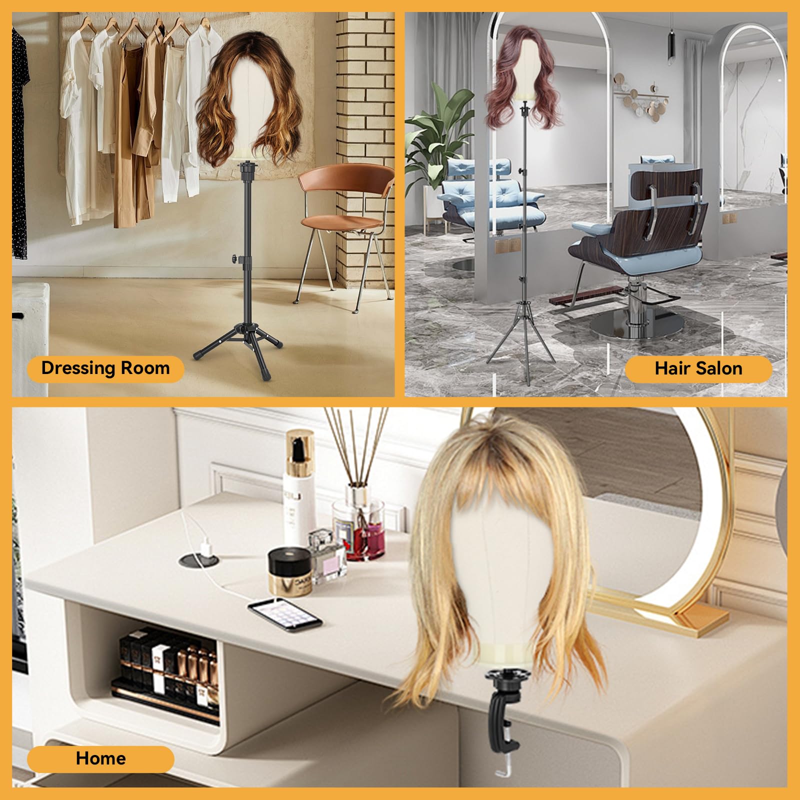 Yekavo Wig Stand with Head 23", Height Adjustable Tripod Stand 30", Wig Head Stand with Canvas Block Mannequin Head, Include Table Clamp Stand, Wig Caps, T Pins for Wigs Styling, Making & Display