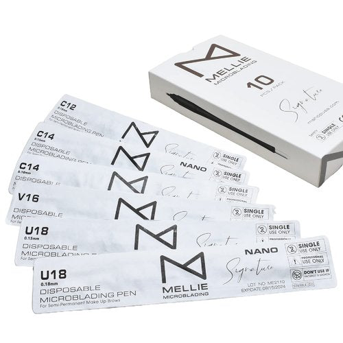 Mellie's Signature Microblading Eyebrow Pen (Pack of 10) - Disposable Microblading Pen with Sterilized Blade, Comfortable Rubber Grip and Pigment Sponge for Flawless Bro (U18.18mm, Black)