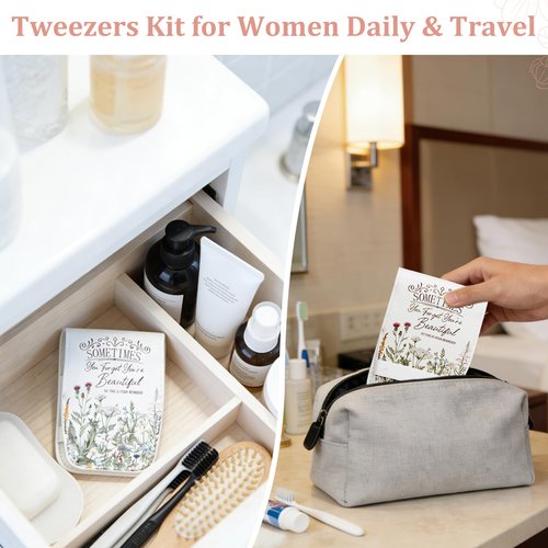 Personalized Tweezers Set for Women Facial Hair in Floral Travel Case, Small Self Care Inspirational Thoughtful Valentines Gifts for Her Friend, Eyebrow Ingrown Hair Splinter Removal Grooming Kit