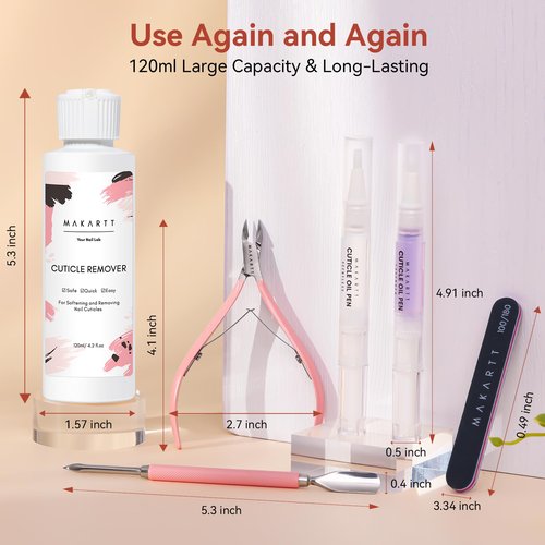 Makartt Cuticle Remover Kit - Nail Care Kit with Cuticle Oil Pen, Cuticle Trimmer, Nail File & 120ml Cuticle Remover Liquid, Nail Manicure Kit for Cuticle Softener & Moisturize