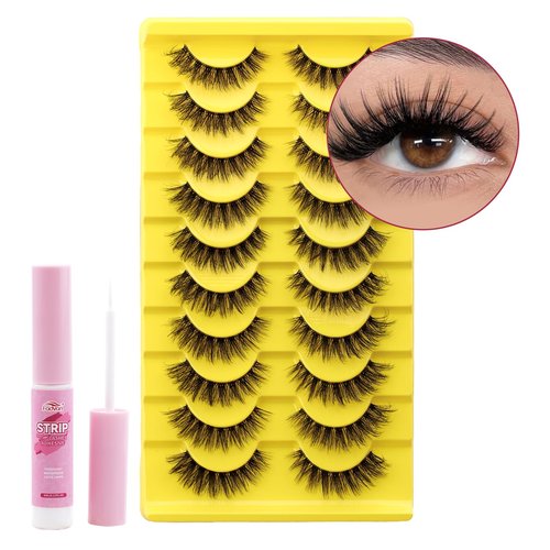 FADVAN Mink Lashes Natural Fluffy False Eyelashes 3D Volume Wispy Lashes Cateye Medium Length fake eyelashes with Clear Lash Glue Pestañas Postizas Naturales 10 Pairs-Lz201