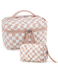 BAGSMART Travel Makeup Bag, 2-Piece Puffy Quilted Cute Make Up Bag Cosmetic Bags for Women, Large Wide-Open Toiletry Pouch Gifts for Toiletries Accessories Travelling Essentials, Checkered Khaki