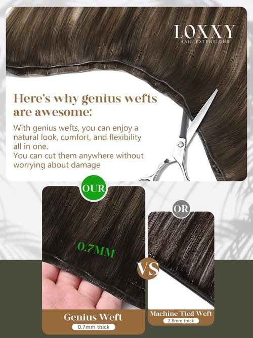 Loxxy Sew in Hair Extensions Real Human Hair Genius Weft 18 Inch Straight Ombre Chestnut Brown Mixed Dark Brown with Dark Brown Roots Hand Tied Weft Hair Extensions Human Hair Hair for Women 50g