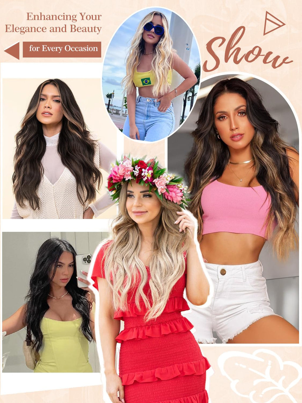XIXIBI Long Brown Highlights Wigs for Women, Ombre Brown Mixed Blonde Wigs with Black Roots, Synthetic Long Curly Wavy Wigs With Lace Hairline, Heat Resistant Fiber Wig for Daily Party Use