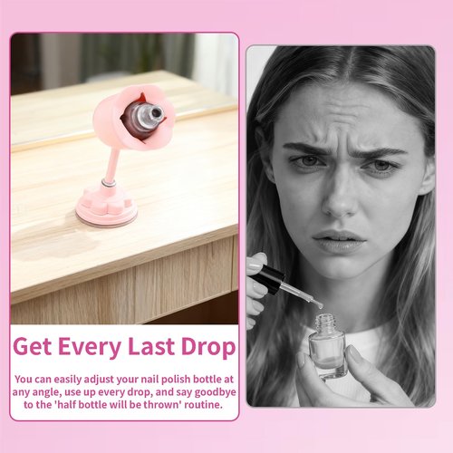 DR.YYDF Nail Polish Bottle Holder, Rose-Shaped with 360° Rotating Stem, Tilted for No-Spill, Strong Suction Cup, All-Bottle Fit (Pink)